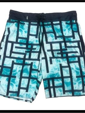 No Fear Men's Teal Grid-Print Swim Board Shorts Trunks XL